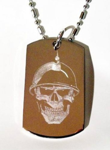 Soldier Skull Helmet Biker Death Grim Reaper - Dog Tag w/ Metal Chain Necklace