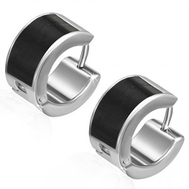 Wide Silver with Black Middle Huggie Earrings
