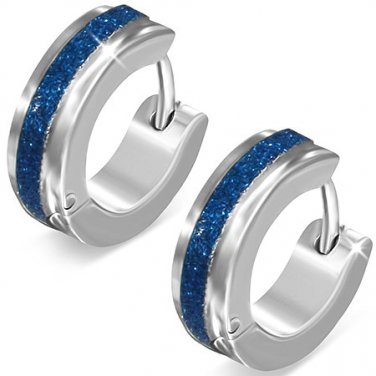 Silver With Blue Sandblasted Stripe Huggie Earrings