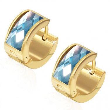 Gold with Light Blue Gem Huggie Earrings