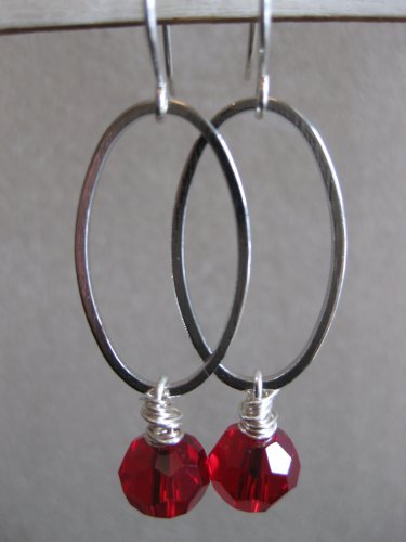Red Swarovski Crystals on Silver Oval Earrings