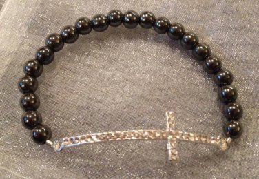 Silver Rhinestone Cross and Hematite Beaded Stretch Bracelet