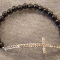 Silver Rhinestone Cross and Hematite Beaded Stretch Bracelet