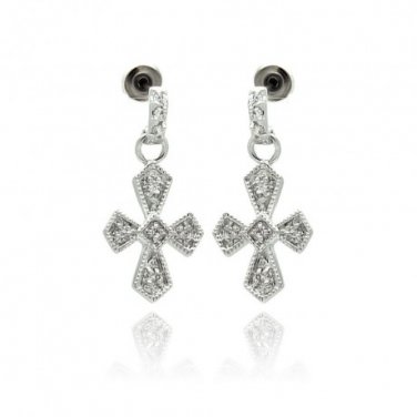 Ladies Rhodium Brass Earrings- Dangling Cross