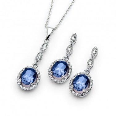 Ladies Set (Necklace & Earrings) Silver .925 CZ - Dangling Oval