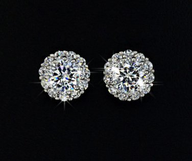 6mm 0.75ct CZ Surrounded Flower Stud Earring White Gold Plated