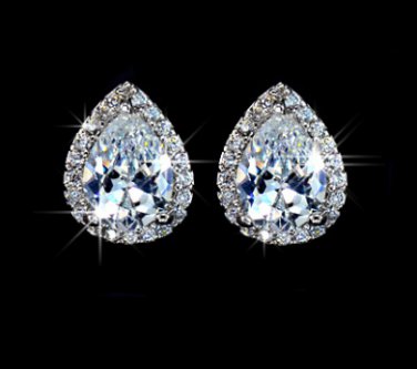 Water Drop Design Pear cut CZ Stud Earring White Gold Plated