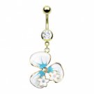 White & Teal Epoxy Flower with Mini Flower CZ Dangle 14kt Gold Plated Navel Ring