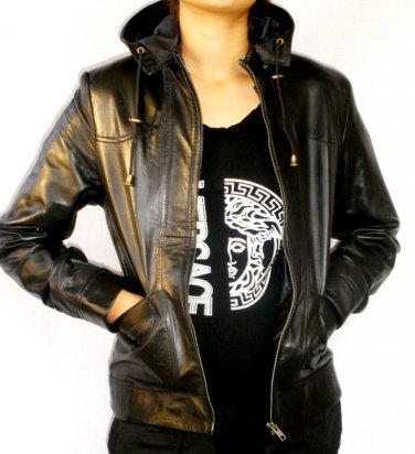 Women's Removable Hooded Leather Jacket Style 9F Size XL