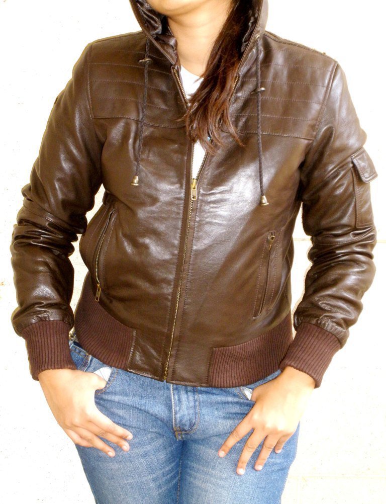 Women's Hooded Leather Jacket Style 14F Size "XL" Color Brown