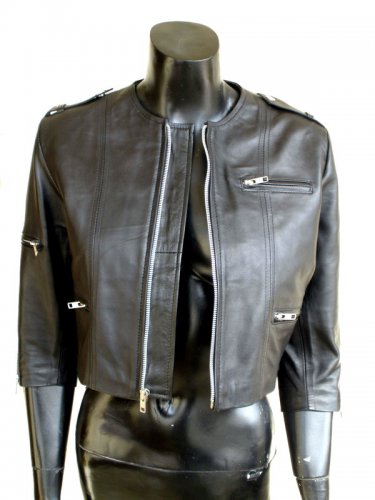 Women' s Cropped 3/4 Sleeve Leather Jacket Style 3700 Color Dark Brown Size "M"
