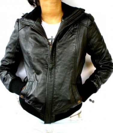 Women's Bomber Leather Jacket Style 4FP Size Small color Black