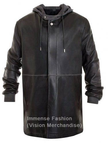 NWT Men's Big & Tall Fleece Hooded Trench Leather Jacket Style MD-40