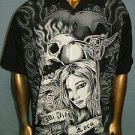 DRAGONFLY Black GIRL SKULLS Tattoo CHOPPER BIKER BOWLING SHIRT MENS XXL