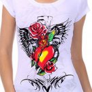SWEET GIRL JUNIORS RHINESTONE HEART AND ROSE TATTOO SHIRT TOP