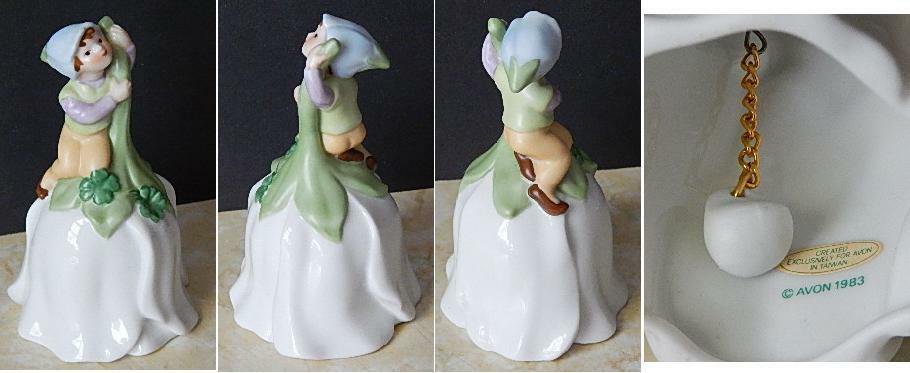 Avon 1983 Porcelain Flower Shaped Bell with Pixie Elf and Four Leaf Clovers