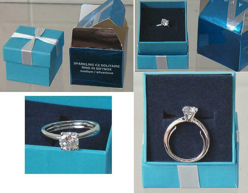 Avon Sparkling CZ Solitaire ring w/ Gift box Medium 8 Silvertone Cubic Zirconi