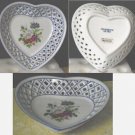Ganz Heart Shaped Ceramic Bowl w/ Flowers & Lattice Sides White & Blue