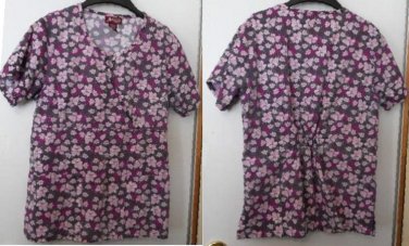 Active Womans Scrub Top Gray Pink Purple w/ Floral Pattern Sz XS Pockets