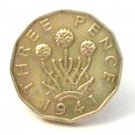 Pin Badge 3d Threepence Threepenny Bit. KG VII 1941 Mauritron #250243.