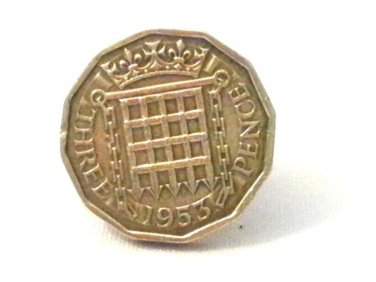 Pin Badge 3d Threepence Threepenny Bit. QE II 1953 Mauritron #250248.