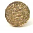 Pin Badge 3d Threepence Threepenny Bit. QE II 1957 Mauritron #250251.