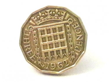 Pin Badge 3d Threepence Threepenny Bit. QE II 1962 Mauritron #250256.