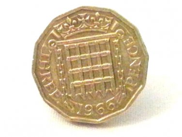 Pin Badge 3d Threepence Threepenny Bit. QE II 1966 Mauritron #250259.