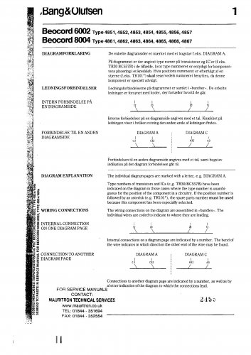 Bang & Olufsen Beocord 6002 Type 4852. Service Sheets PDF download.