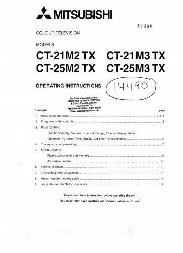Mitsubishi CT25M2TX Television Operating Guide PDF download.