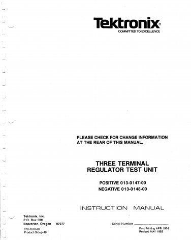 Tektronix 3 Terminal Reg Test Unit Service Manual PDF download.