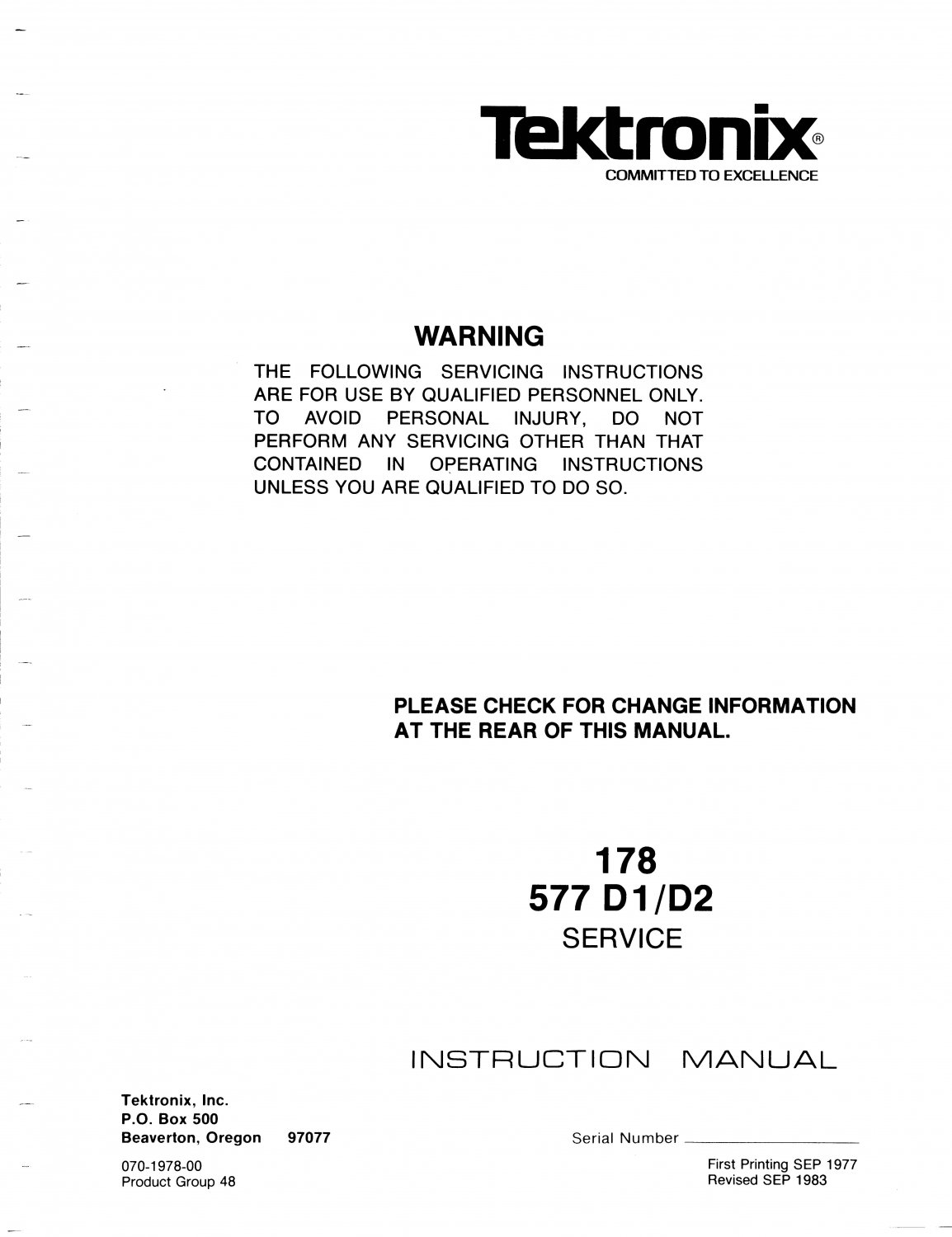 Tektronix 577 D2 Test Equipment Service Manual PDF download.