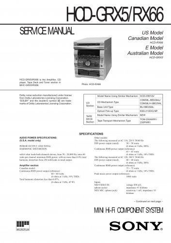 Sony HCDGRX5 Music System Service Manual PDF download.