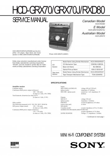 Sony HCDGRX70 Music System Service Manual PDF download.