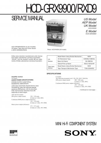 Sony HCDGRX9900 Music System Service Manual PDF download.