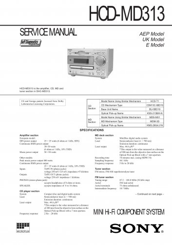 Sony HCDMD313 Music System Service Manual PDF download.