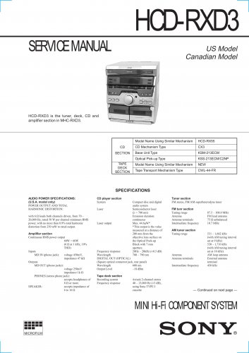 Sony HCDRXD3 Music System Service Manual Schematics PDF download.