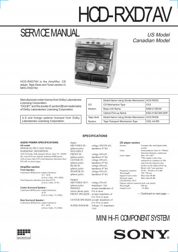 Sony HCDRXD7AV Music System Service Manual Schematics PDF download.