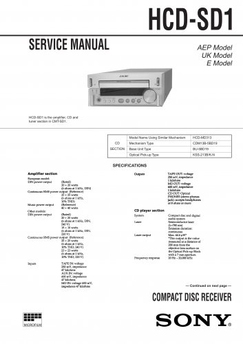 Sony HCDSD1 Music System Service Manual Schematics PDF download.