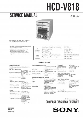 Sony HCDV818 Music System Service Manual Schematics PDF download.