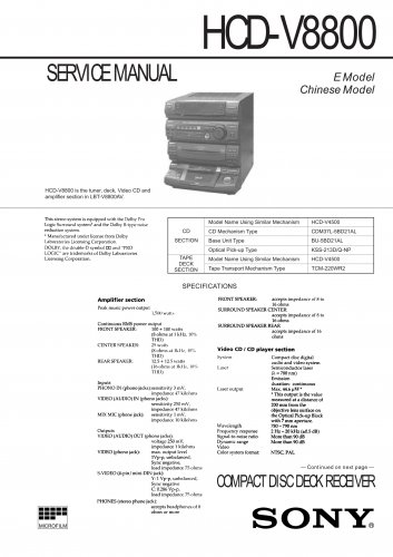 Sony HCDV8800 Music System Service Manual Schematics PDF download.