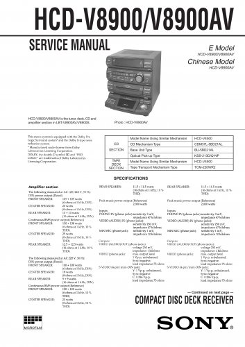 Sony HCDV8900 Music System Service Manual Schematics PDF download.