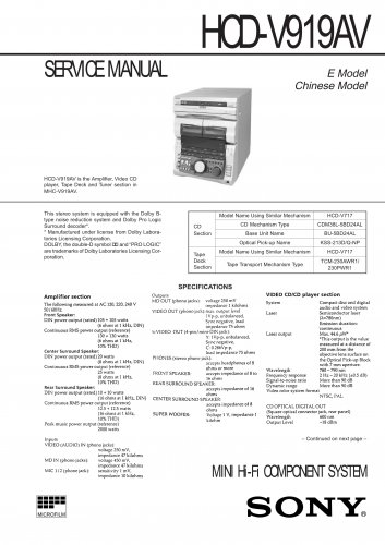 Sony HCDV919AV Music System Service Manual Schematics PDF download.