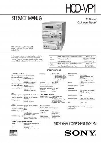 Sony HCDVP1 Music System Service Manual Schematics PDF download.