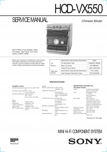 Sony HCDVX550 Music System Service Manual Schematics PDF download.
