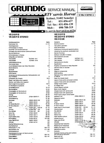 Grundig VS320 S STEREO Video Recorder Service Manual PDF download.