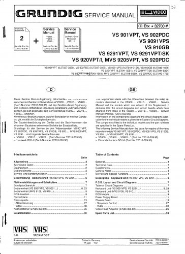 Grundig VS9291 VPT Video Recorder Service Manual PDF download.