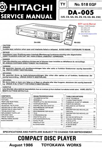 Hitachi  DA005 Music System Service Manual PDF download.