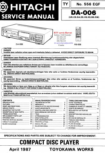 Hitachi  DA006 Music System Service Manual PDF download.