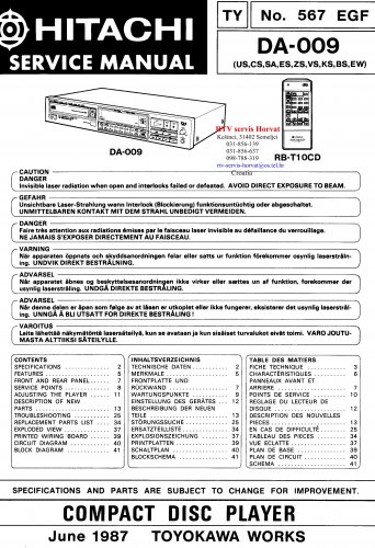 Hitachi  DA009 Music System Service Manual PDF download.